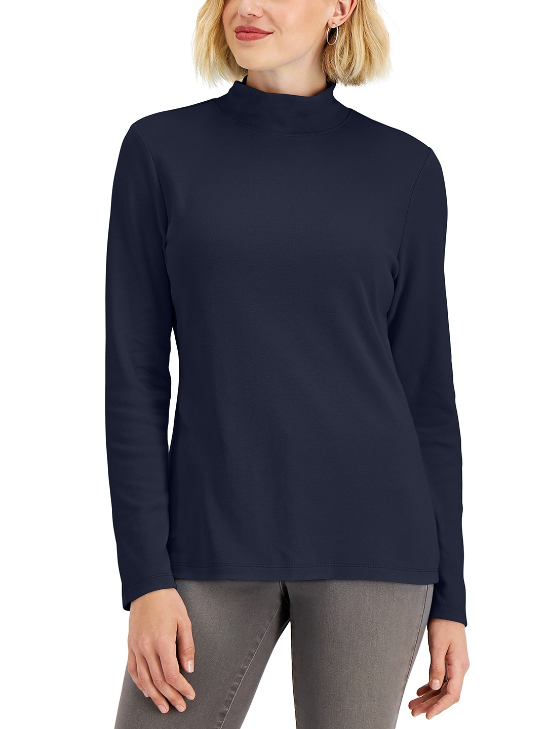 

Macy's Karen Scott Women Navy Blue Solid Pure Cotton High-Neck Top