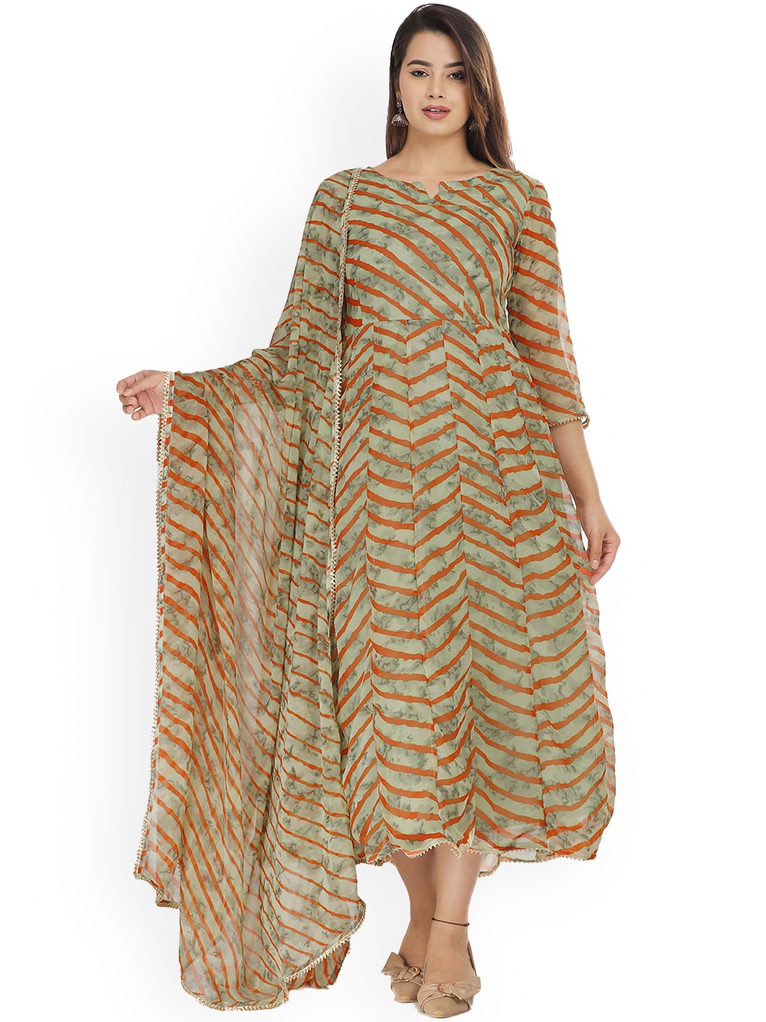 

HOUSE OF JAMOTI Women Orange Striped Kurta with Trousers