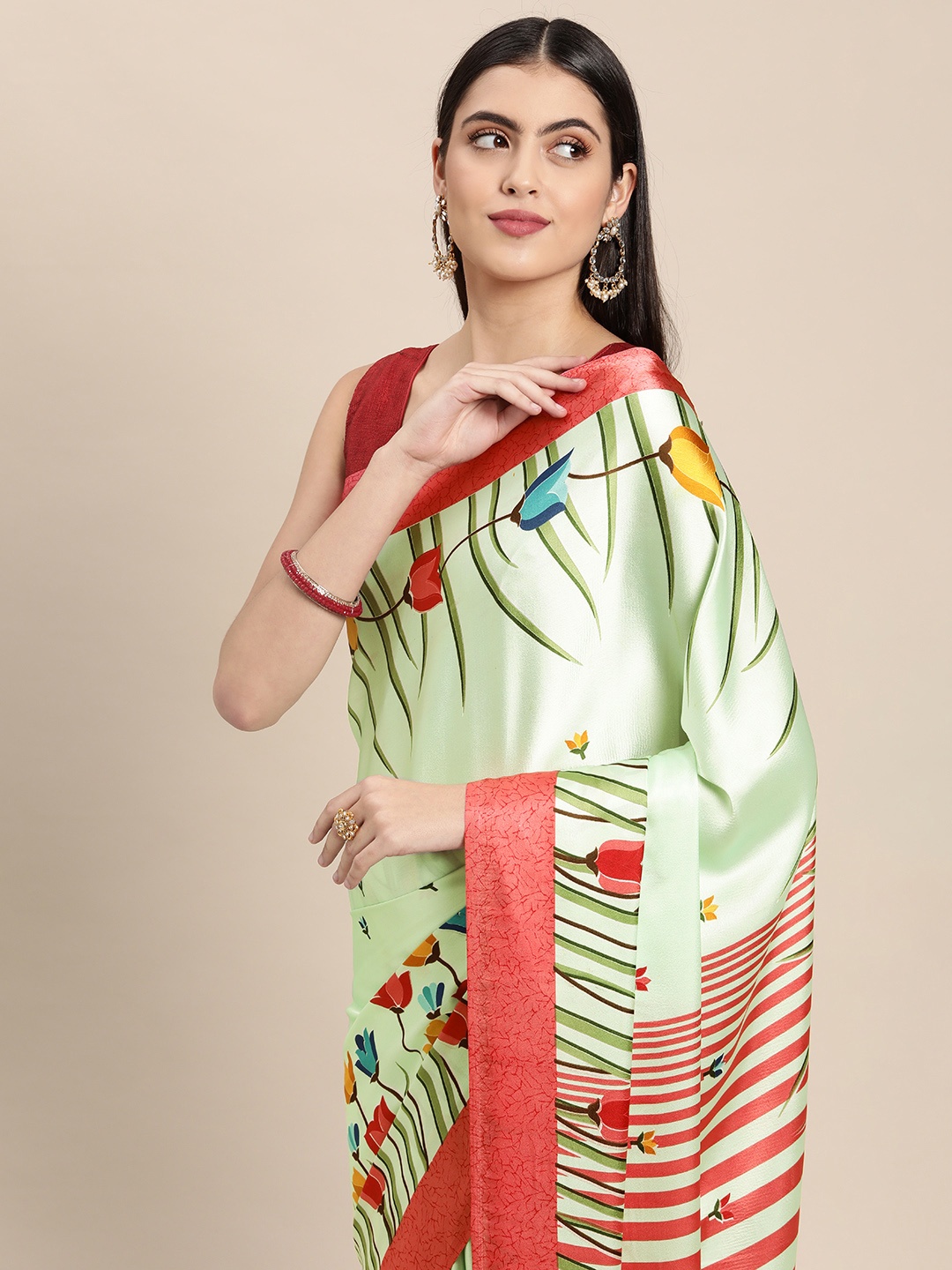 

Mitera Green Pure Satin Printed Saree