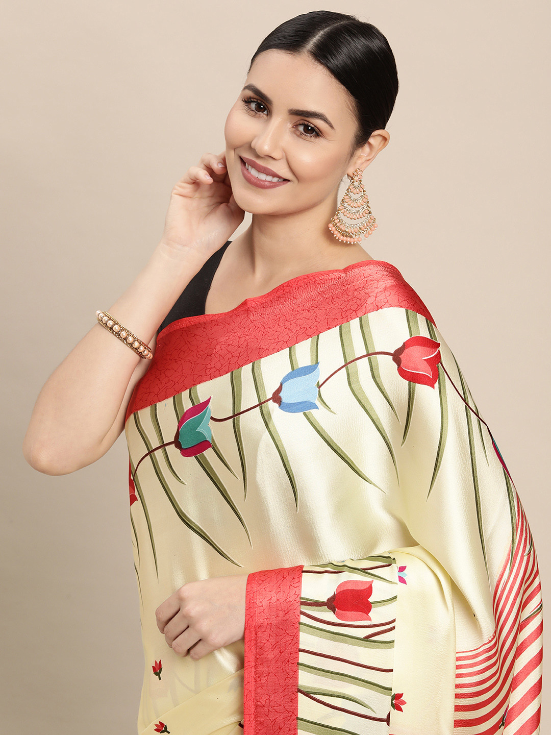 

Mitera Cream-Coloured Pure Satin Printed Saree