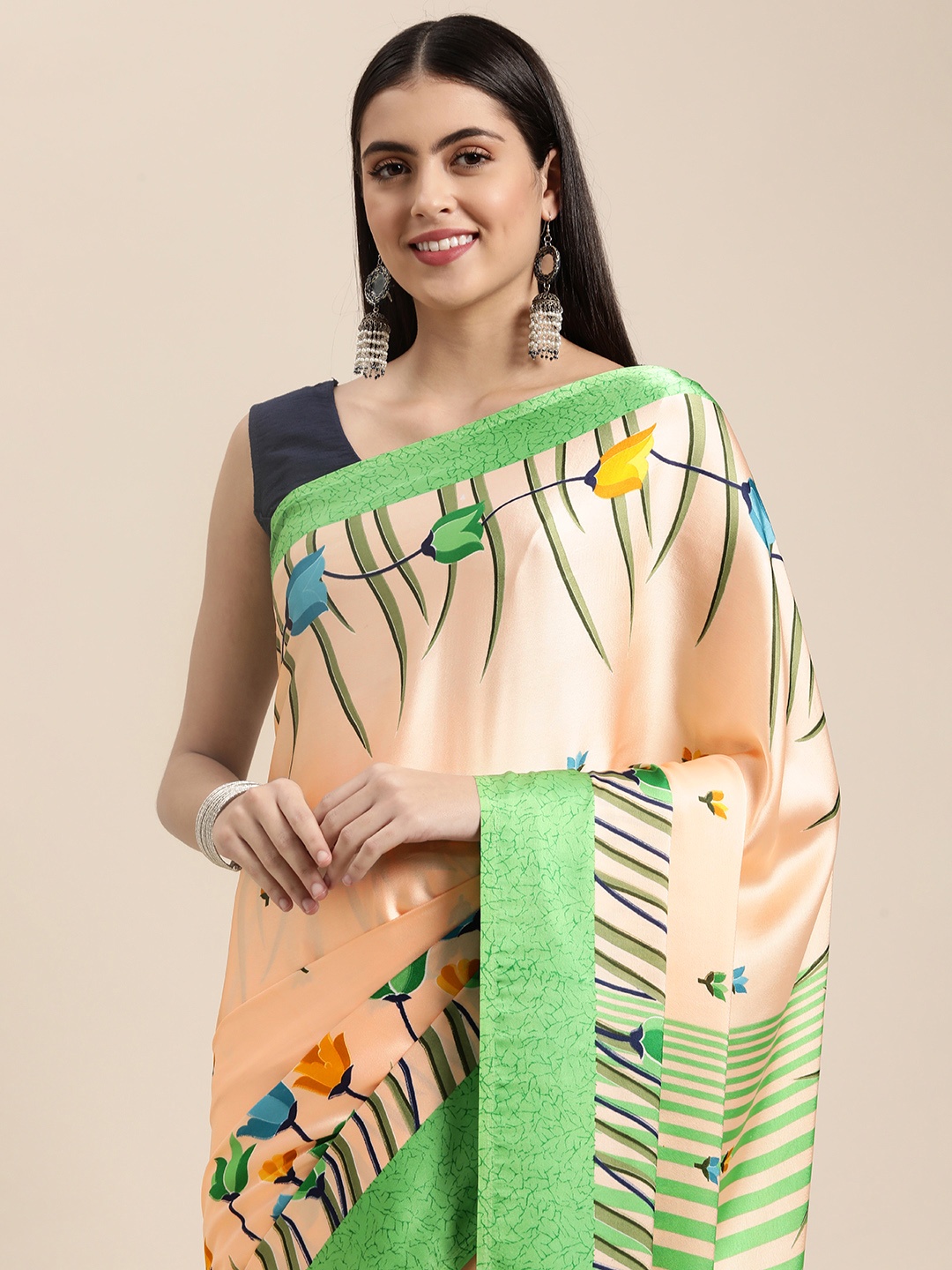 

Mitera Peach-Coloured Pure Satin Printed Saree