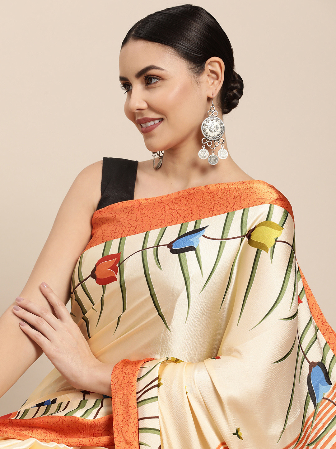

Mitera Peach-Coloured Pure Satin Printed Saree