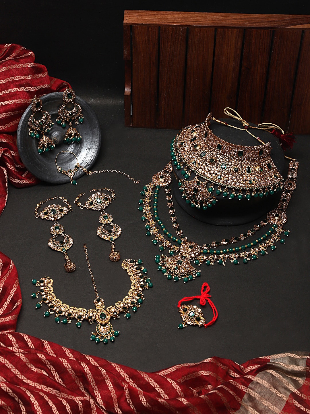 

STEORRA JEWELS Gold-Plated Red & Green Stone-Studded & Beaded Bridal Jewellery Set