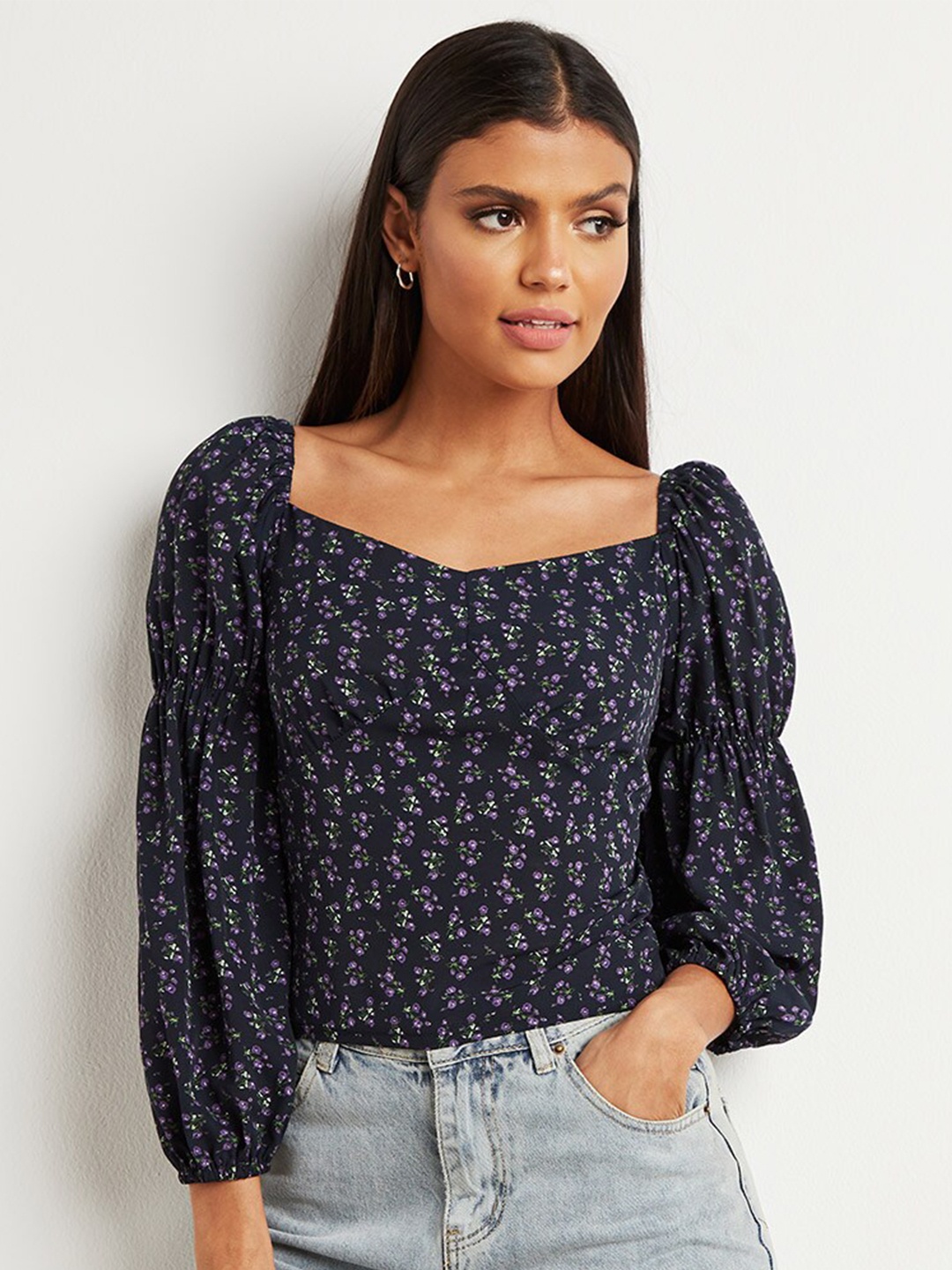 

Styli Black Ditsy Print Sweetheart Neck Top with Shirred Back Detail
