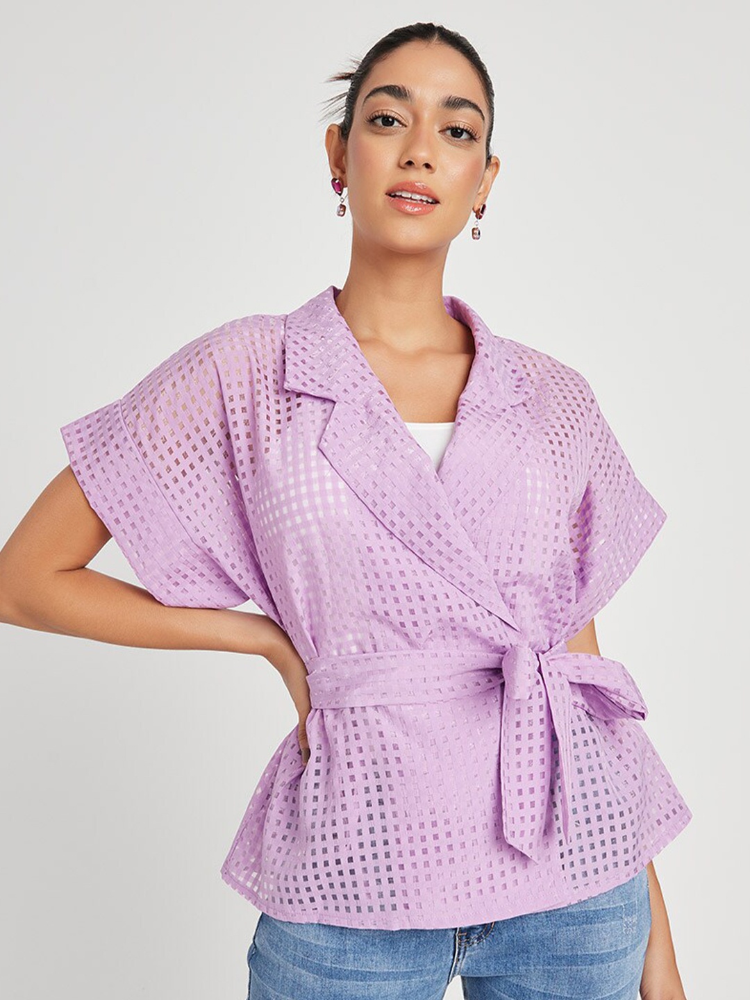 

Styli Lavender Collared Short Sleeves Checked Wrap Top
