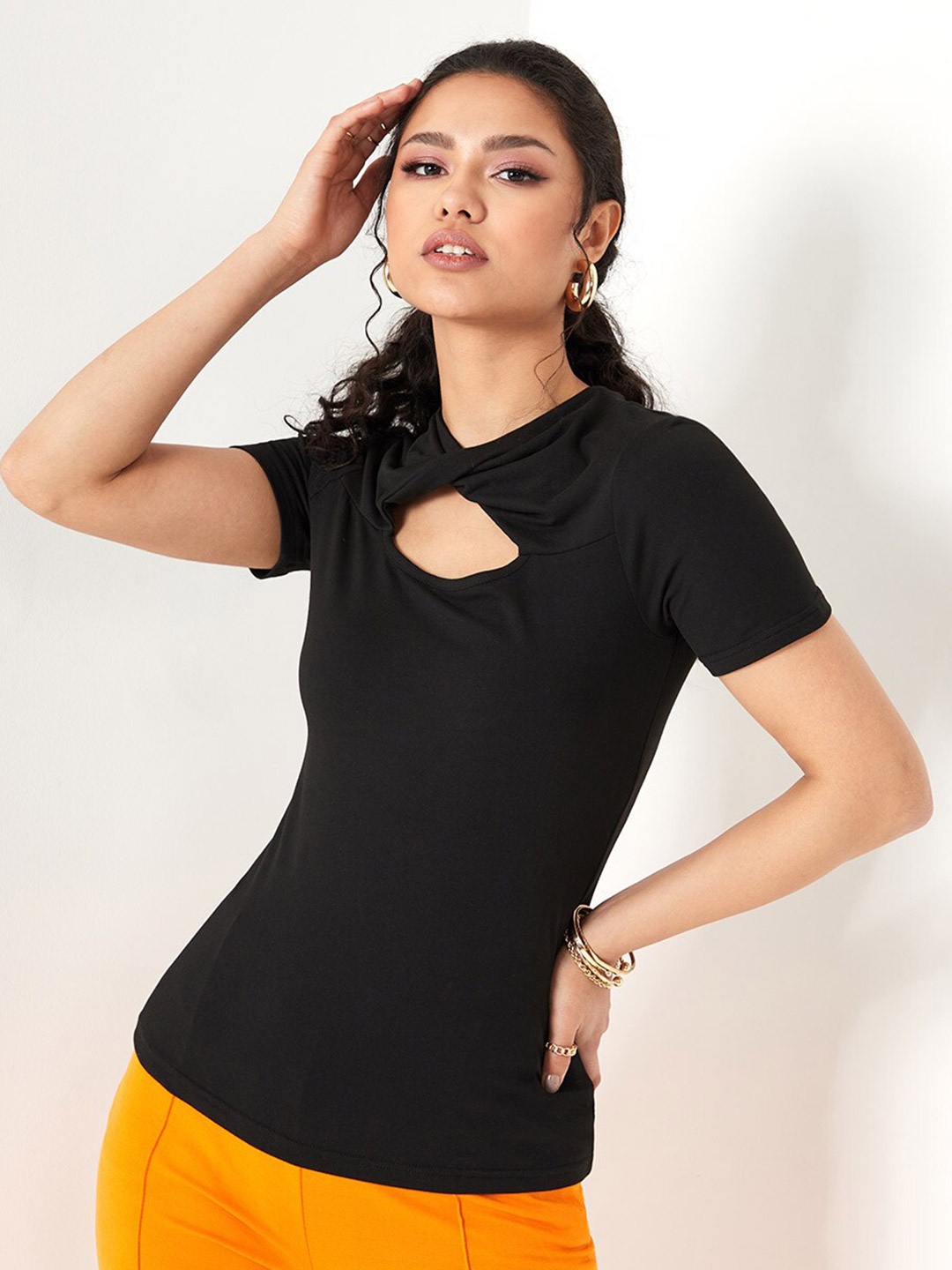 

Styli Black High Neck Knit Top with Cut-Out Detail