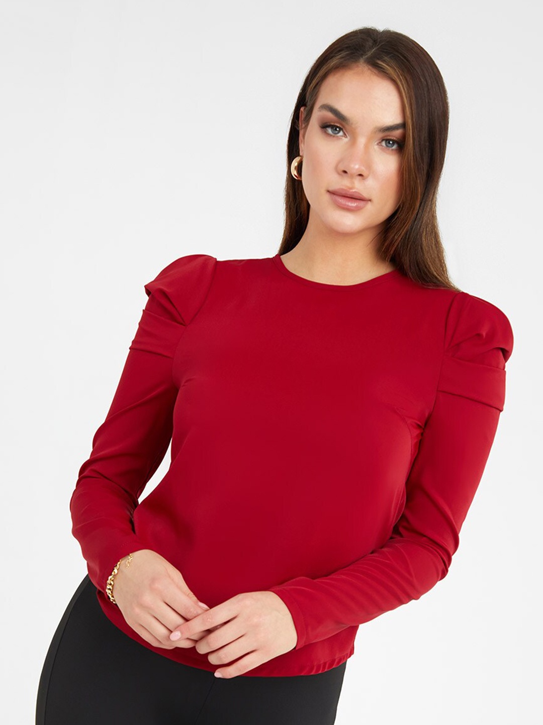 

Styli Red Puff Sleeves Round Neck Solid Slim Fit Top