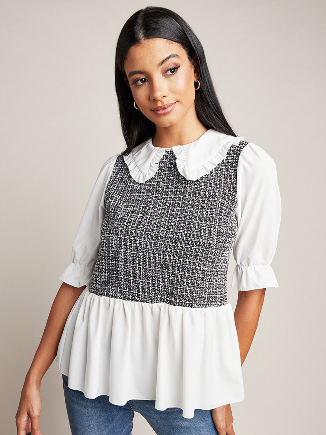 

Styli Black Boucle Tweed Top with Short Sleeves