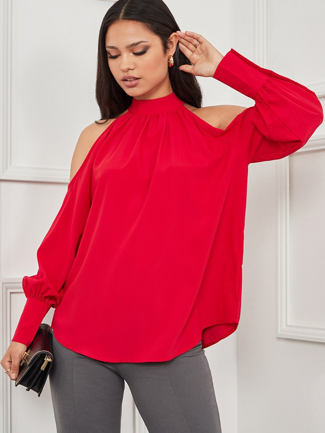 

Styli Red Solid High Neck Cuffed Sleeves Pleated Top