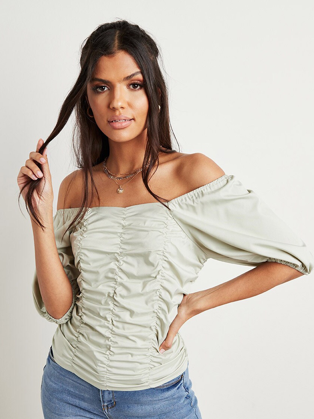 

Styli Green Gathered Puff Sleeves Top