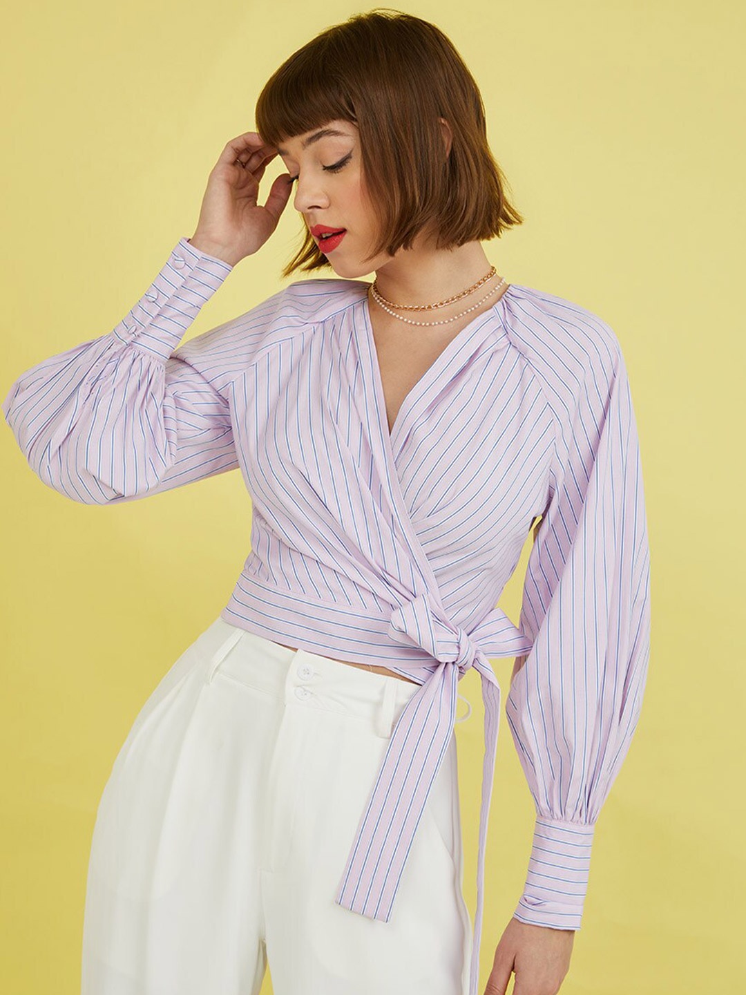 

Styli Pink Striped Wrap Top