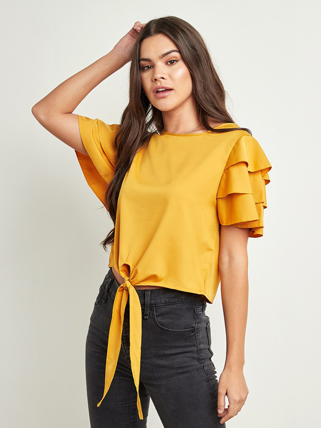 

Styli Mustard Yellow Double Frill Sleeves Tie Front Top