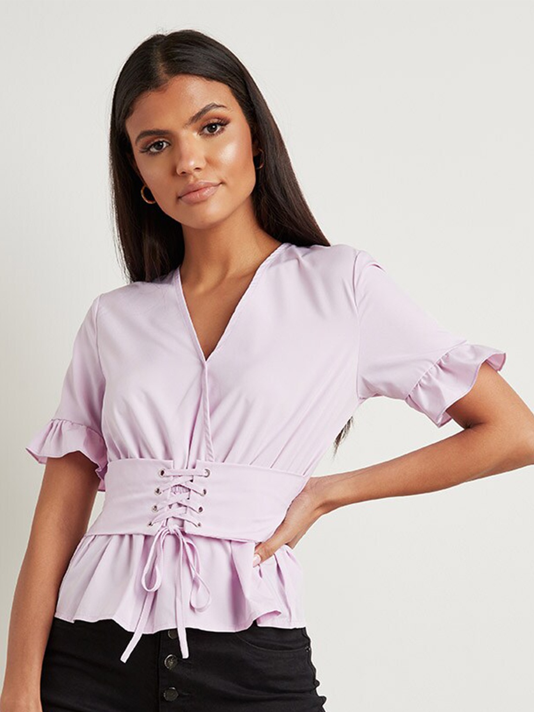 

Styli Lavender Corset Waist Top with Frill Sleeves