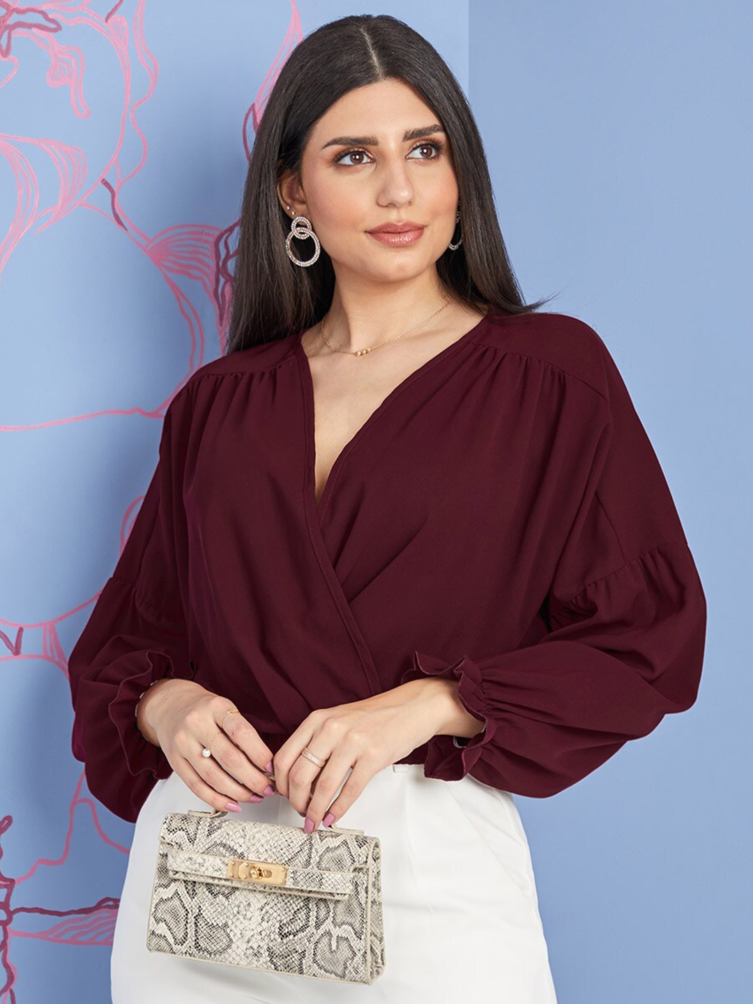 

Styli Burgundy Balloon Sleeves Wrap Front Crop Blouse with Elastic Waistband
