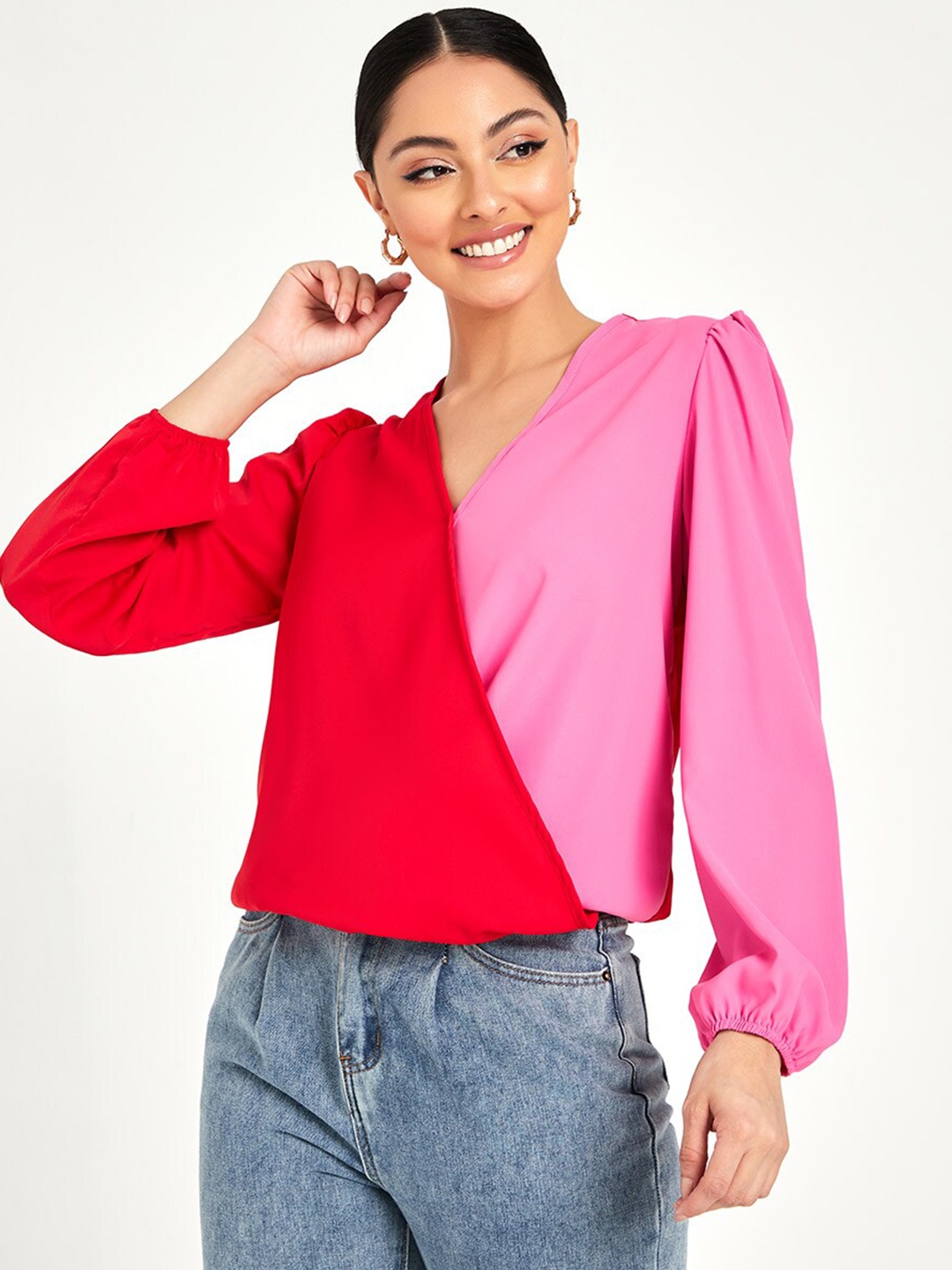 

Styli Red & Pink Colourblocked V Neck Long Sleeves Blouse