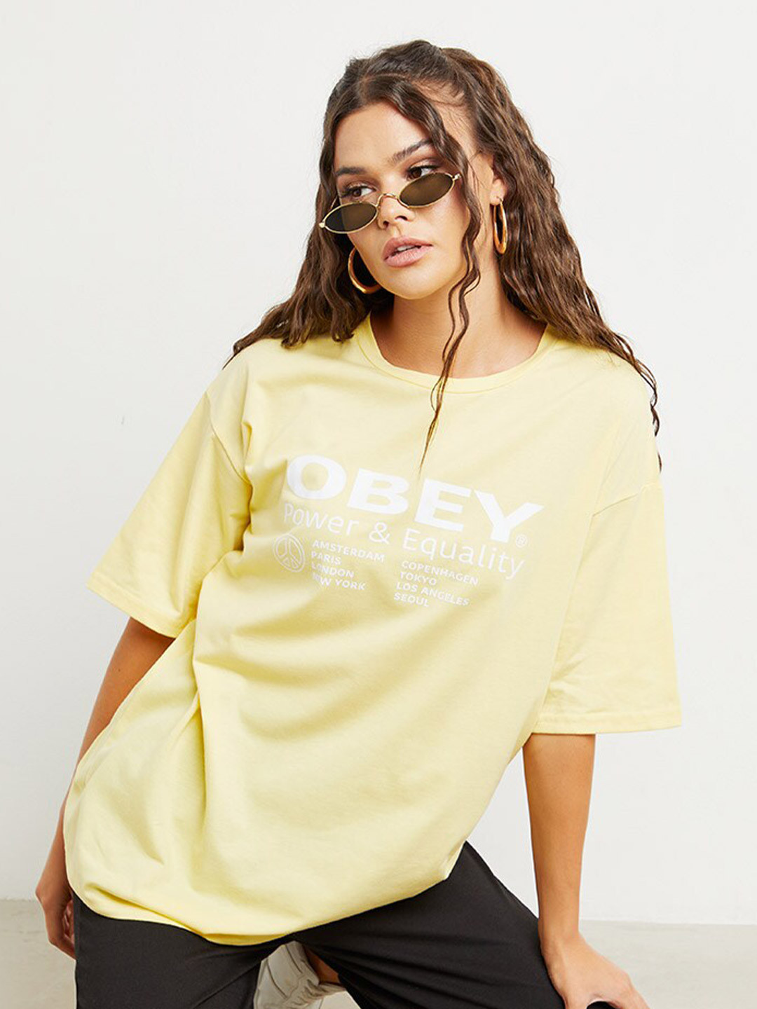 

Styli Yellow Short Sleeves Obey and Equality Slogan Knitted Oversized T-shirt