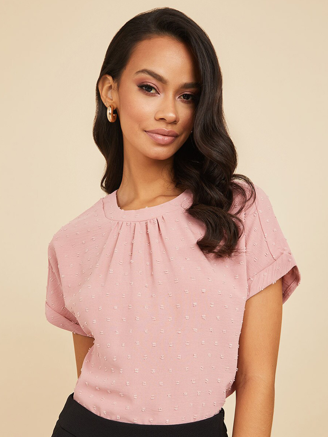 

Styli Pink Roll-Up Sleeves Dobby Spot Regular Fit Blouse