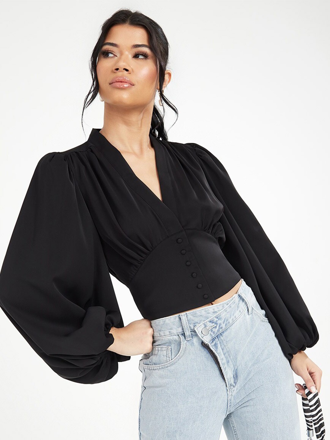 

Styli Black Balloon Sleeves V Neck Blouse with Self Covered Button Detail