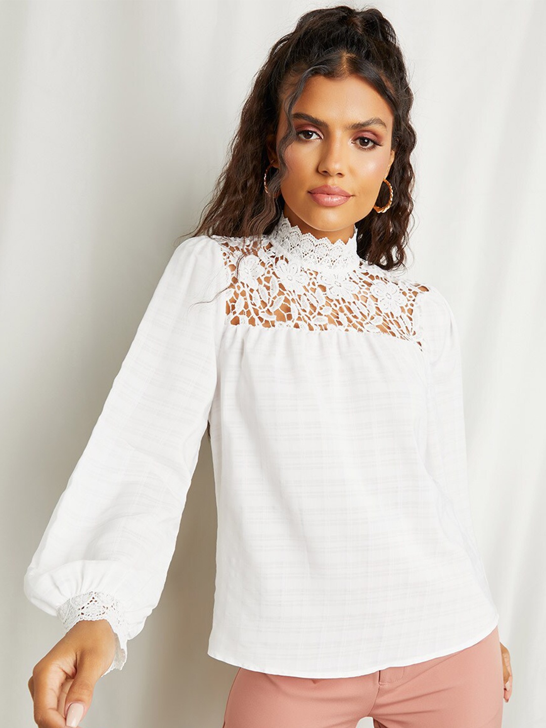 

Styli White Lace Insert High Neck Top with Long Sleeves