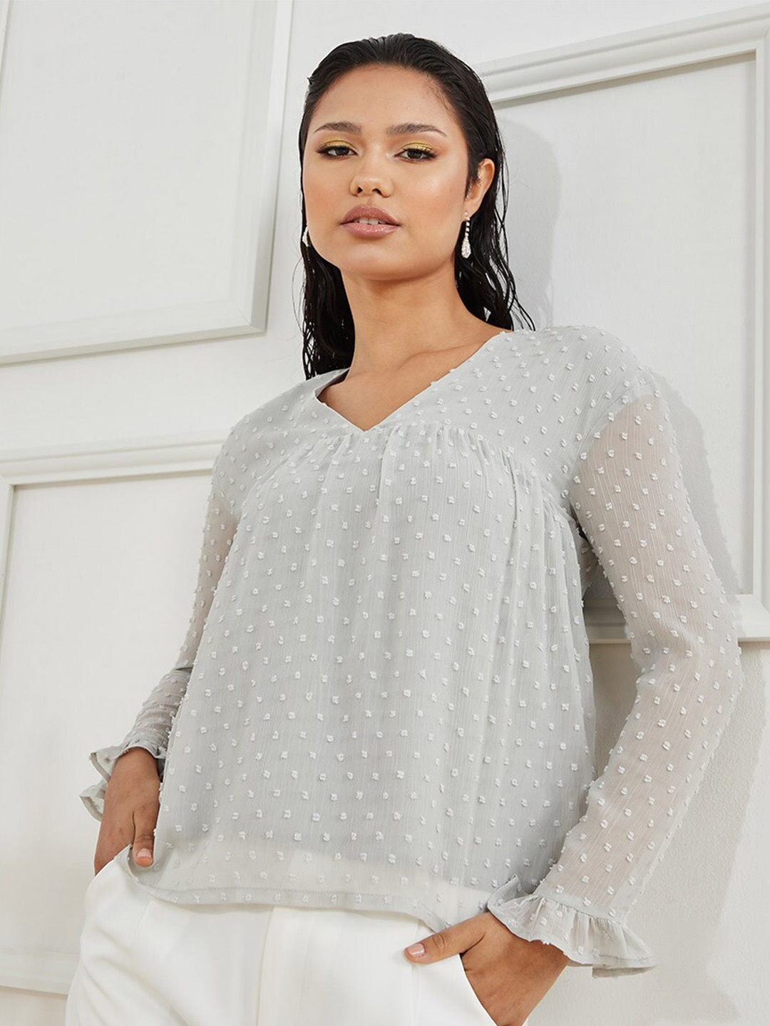 

Styli Grey Frill Cuff Long Sleeves V Neck Dobby Blouse