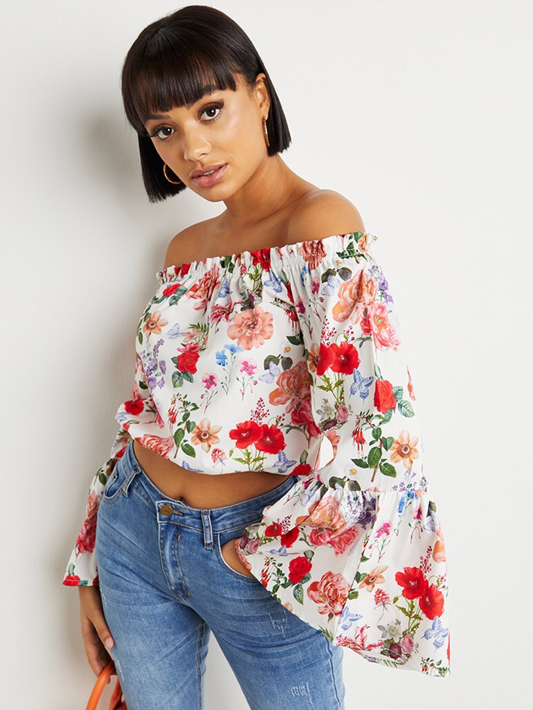 

Styli White Floral Print Off Shoulder Crop Top with Flute Sleeves