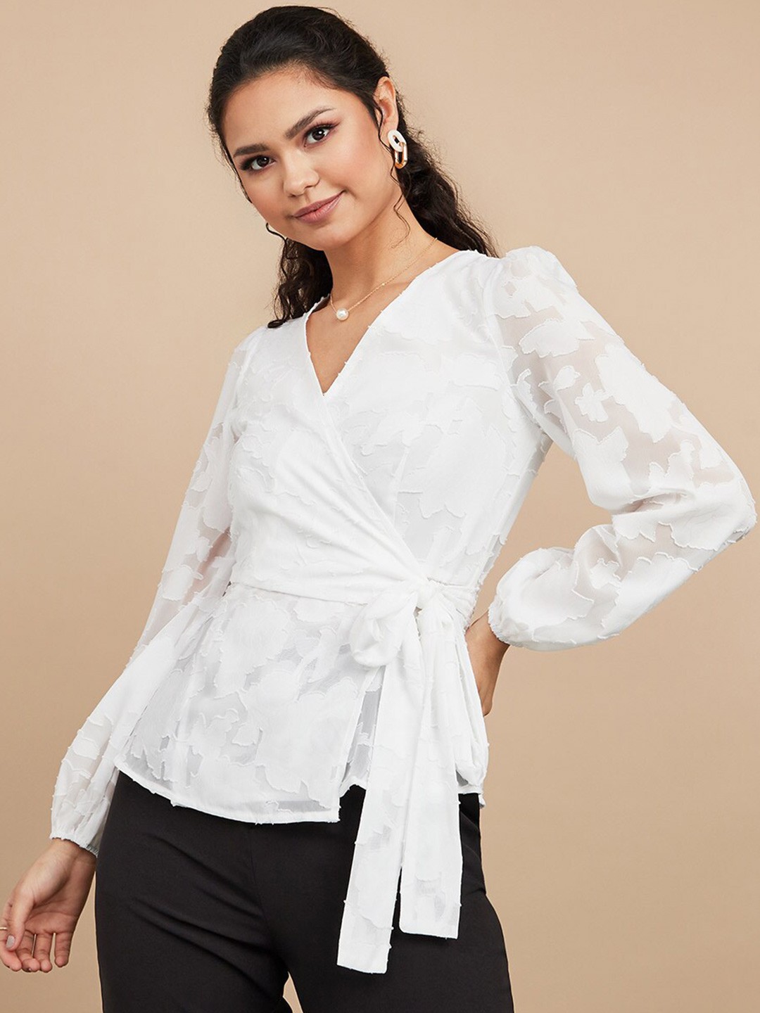 

Styli White Long Sleeves Jacquard Wrap Top with Tie Belt