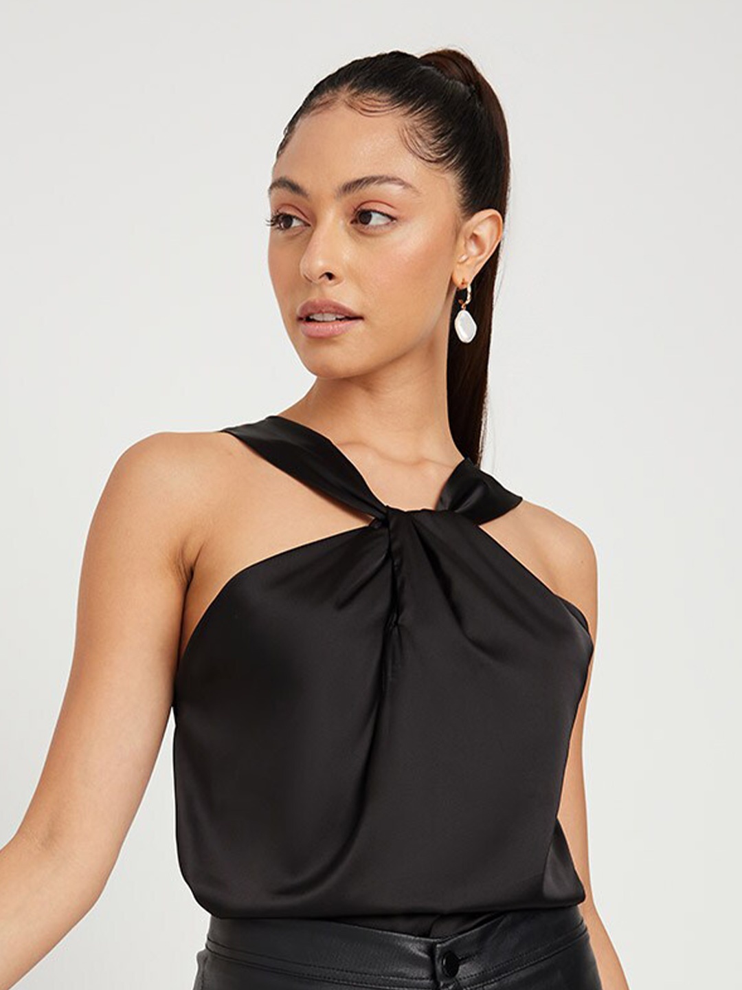 

Styli Black Halter Neck Satin Twist Front Top