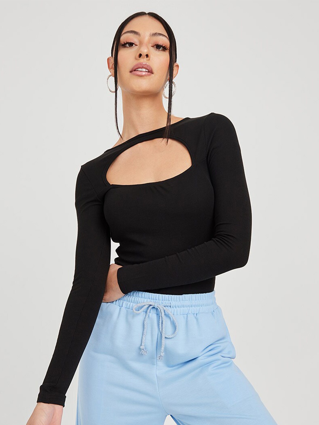 

Styli Women Black Cut-Out Detail Knit Ribbed Bodysuit
