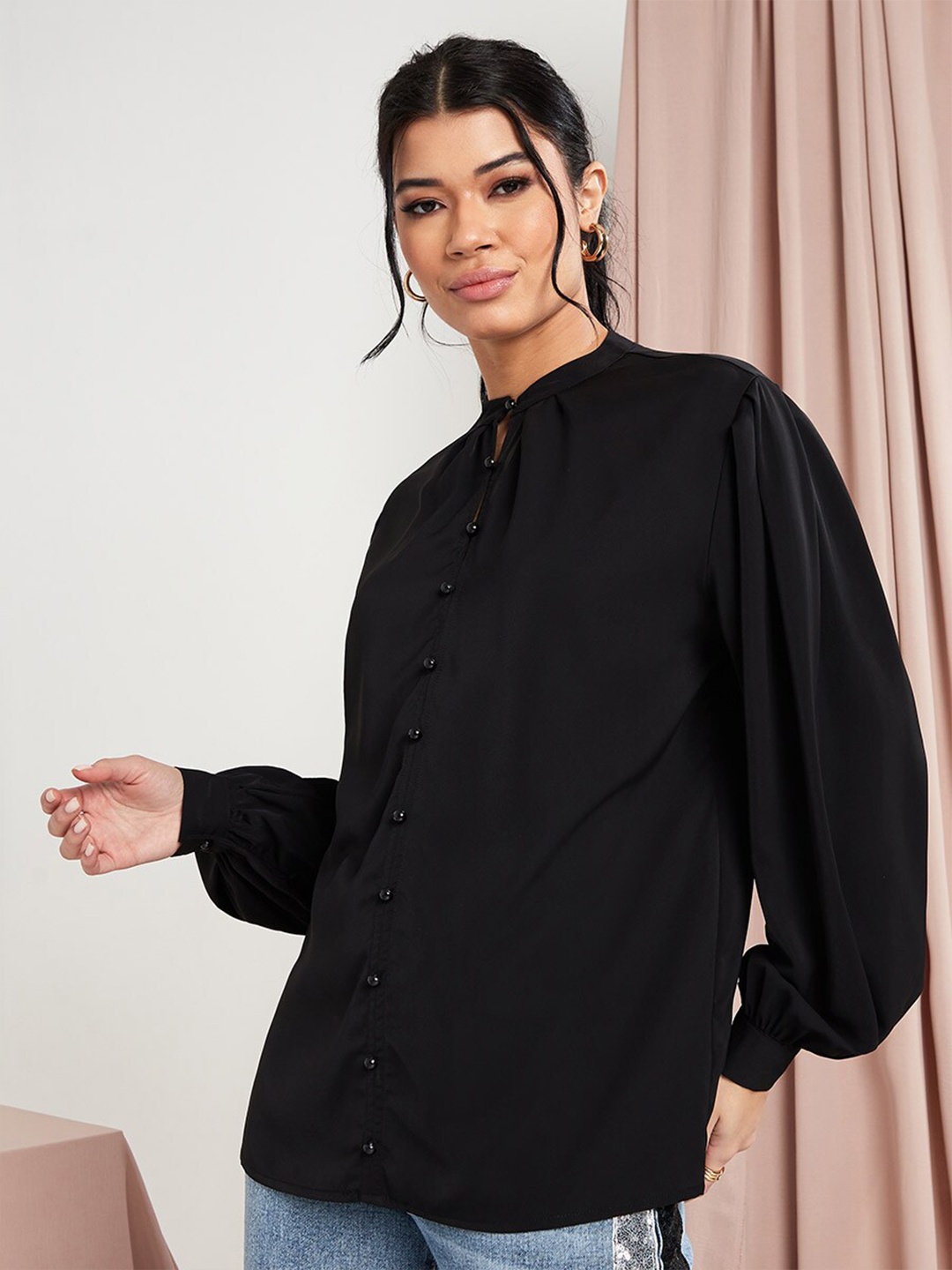 

Styli Black Front Button Stand Collar Long Sleeves Blouse