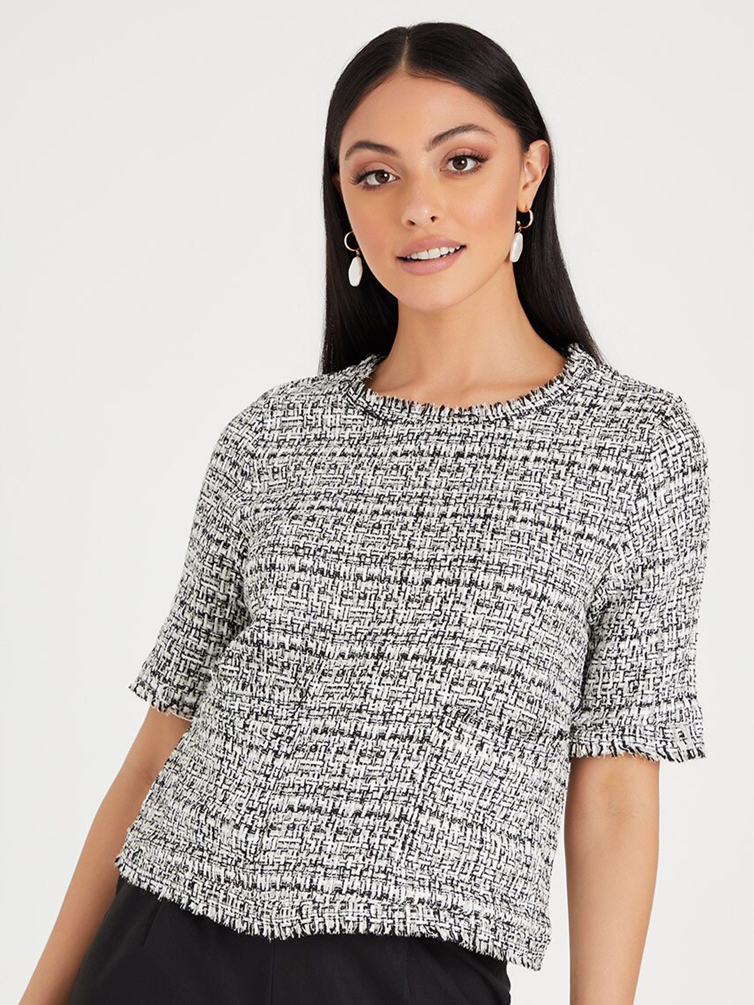 

Styli Black Short Sleeves Tweed Blouse with Pocket Detail