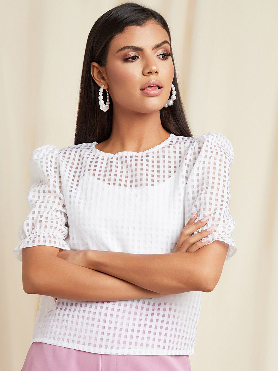 

Styli White Checked Sheer Puff Sleeves Top
