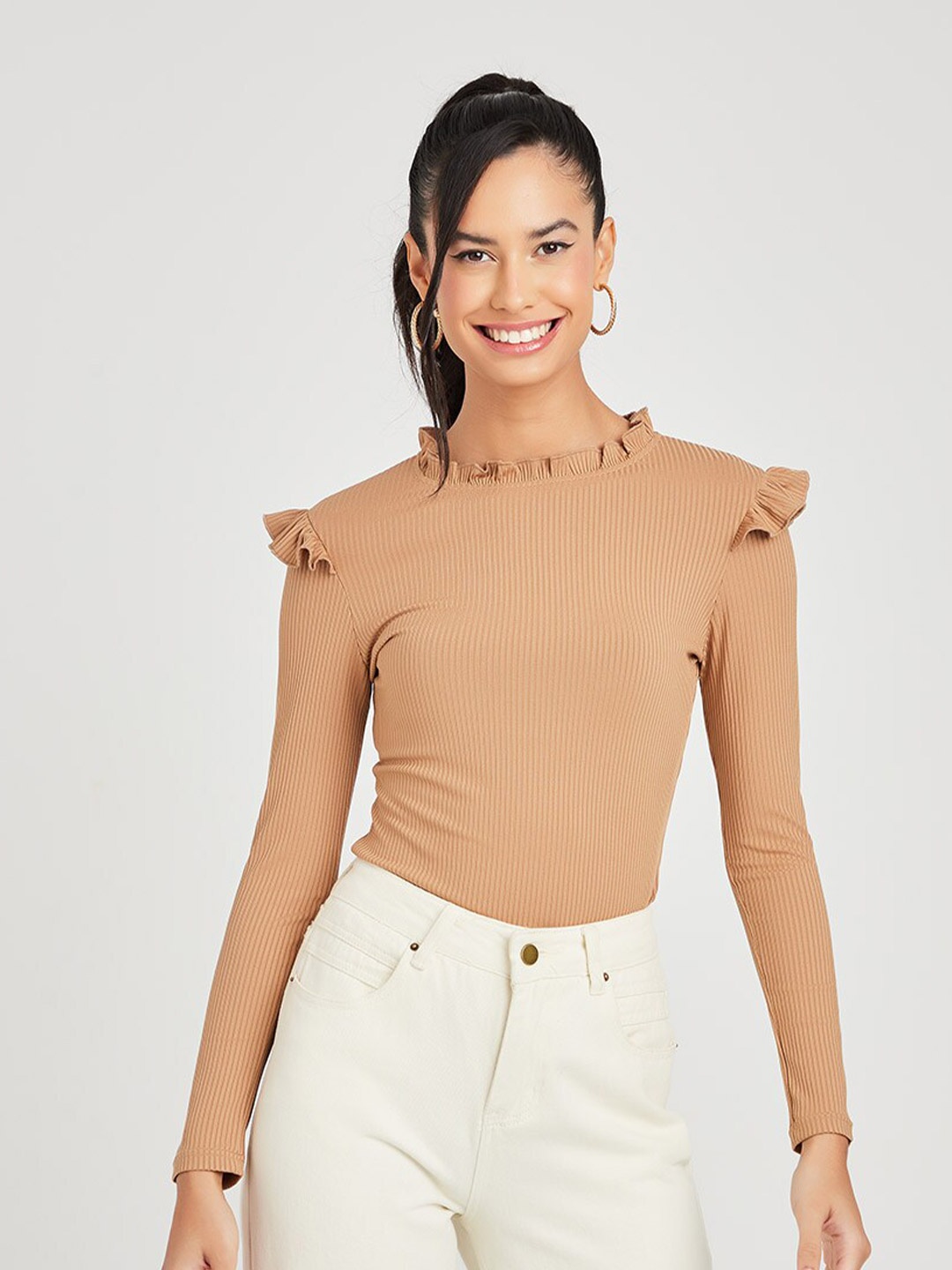 

Styli Khaki Frill Detail Knit Fitted Top