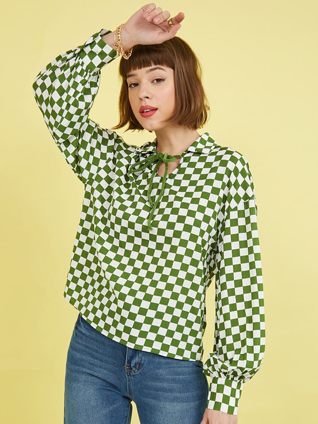 

Styli Green Checkered Long Sleeves Tie-Up Neck Blouse