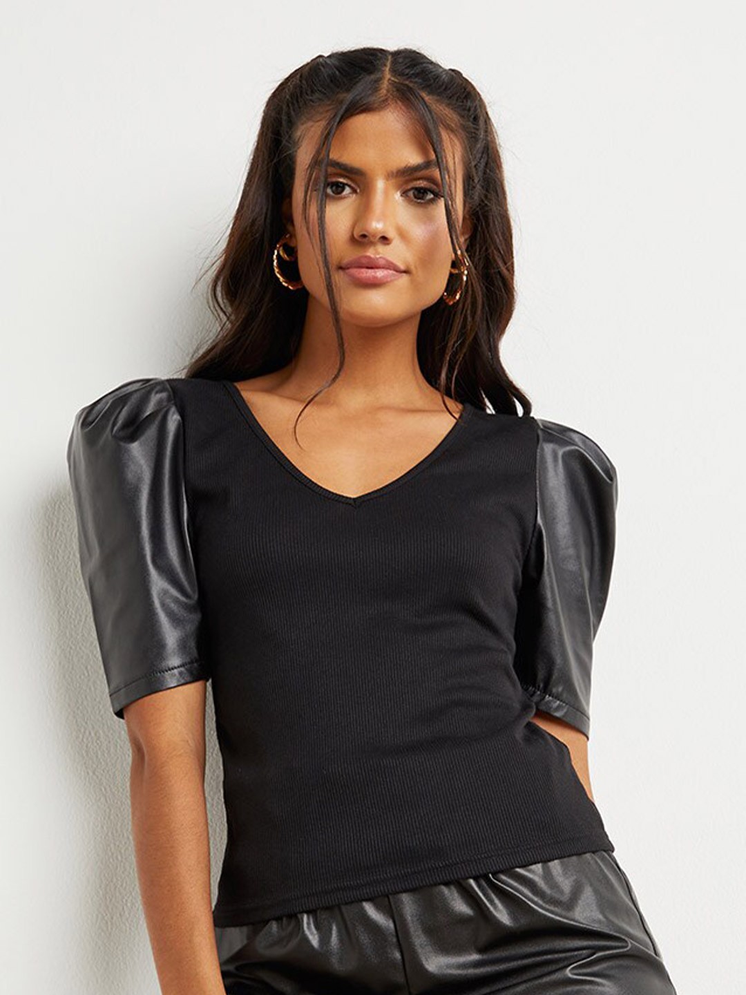 

Styli Women Black PU Puff Sleeves Fitted Top