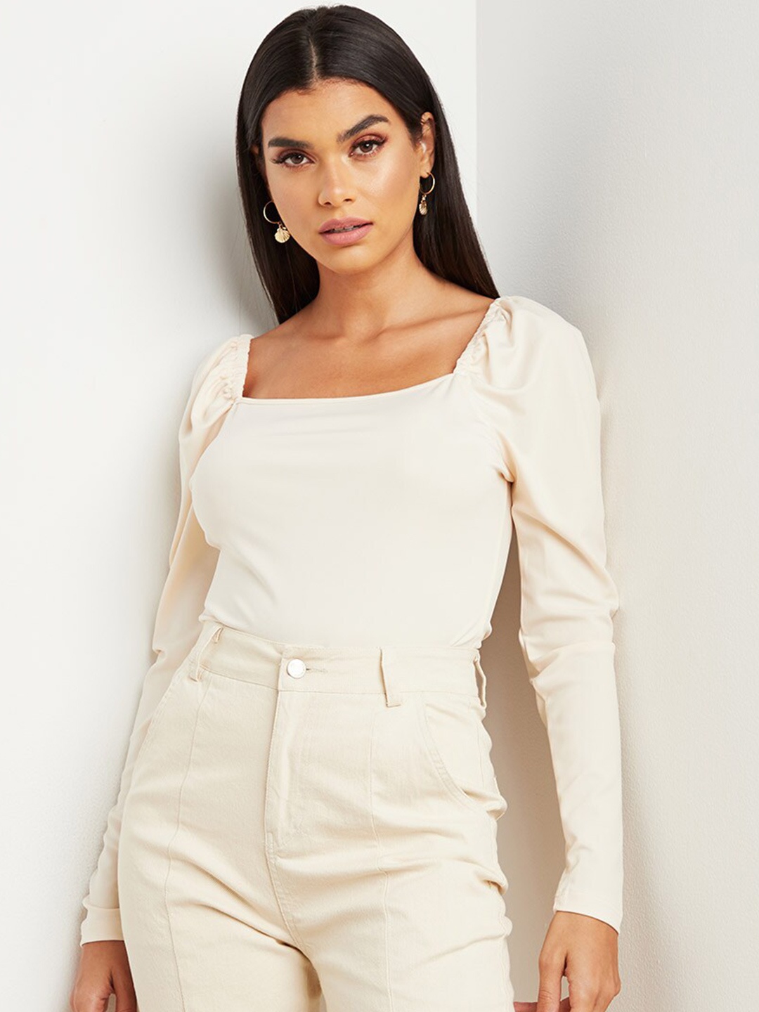 

Styli Women Plain Square Neck Bodysuit with Puff Sleeves, Off white