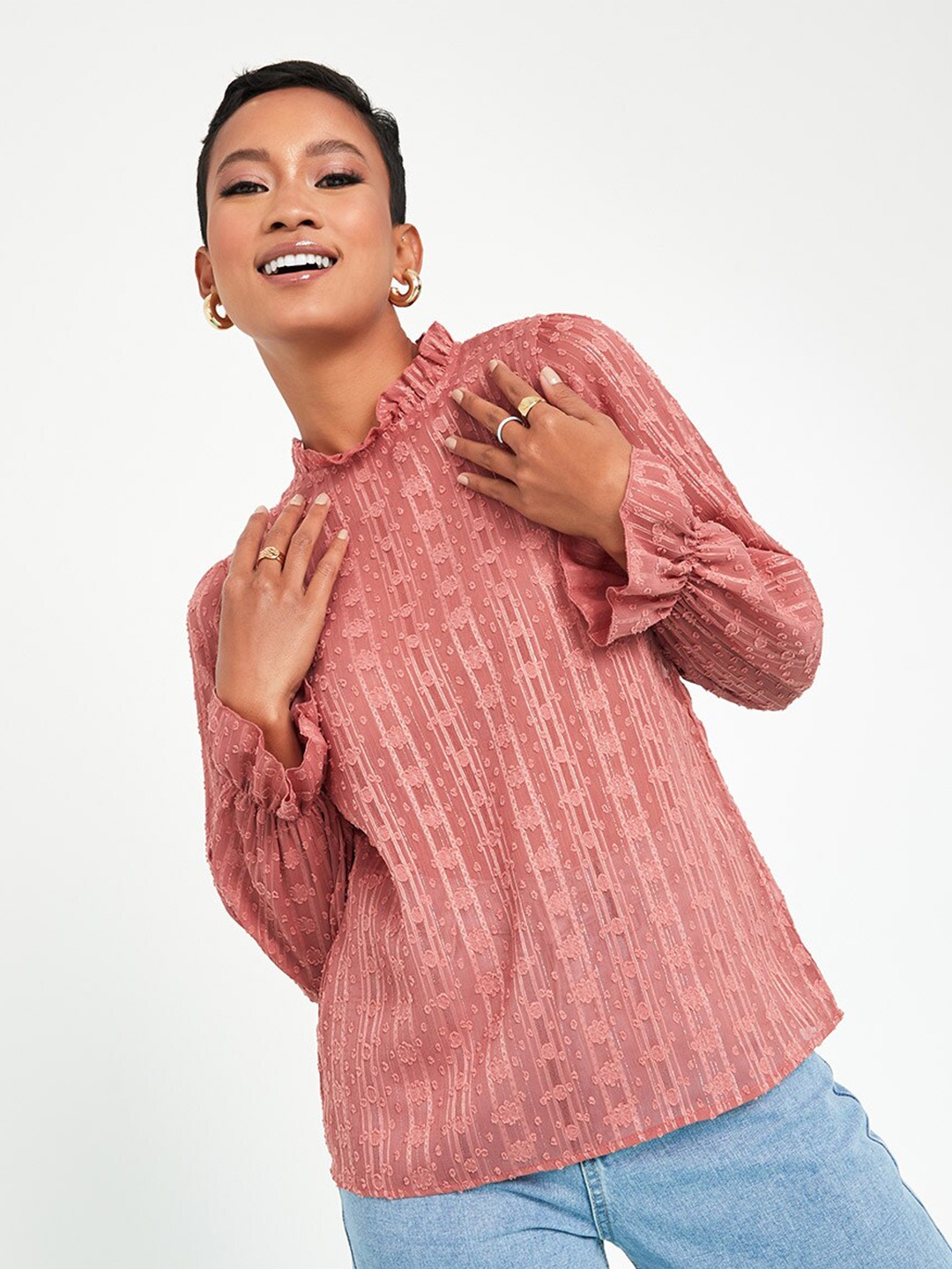 

Styli Brown Sheer Long Sleeves Dobby Spot High Neck Blouse