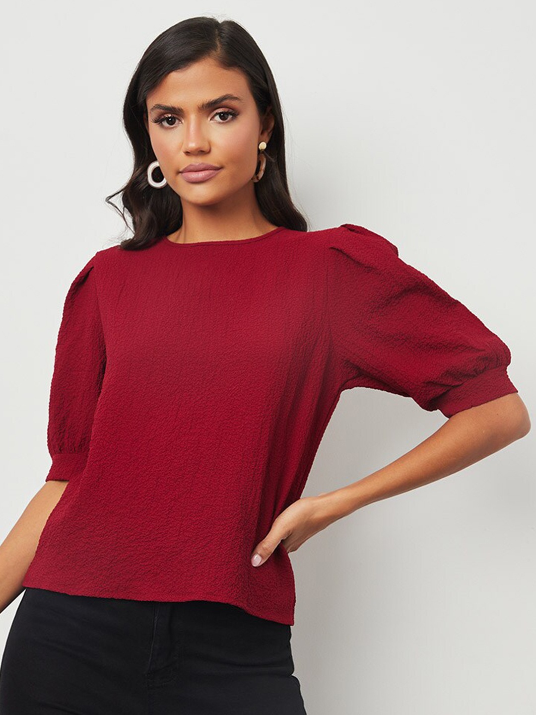 

Styli Women Maroon Short Puff Sleeves Textured Round Neck Top