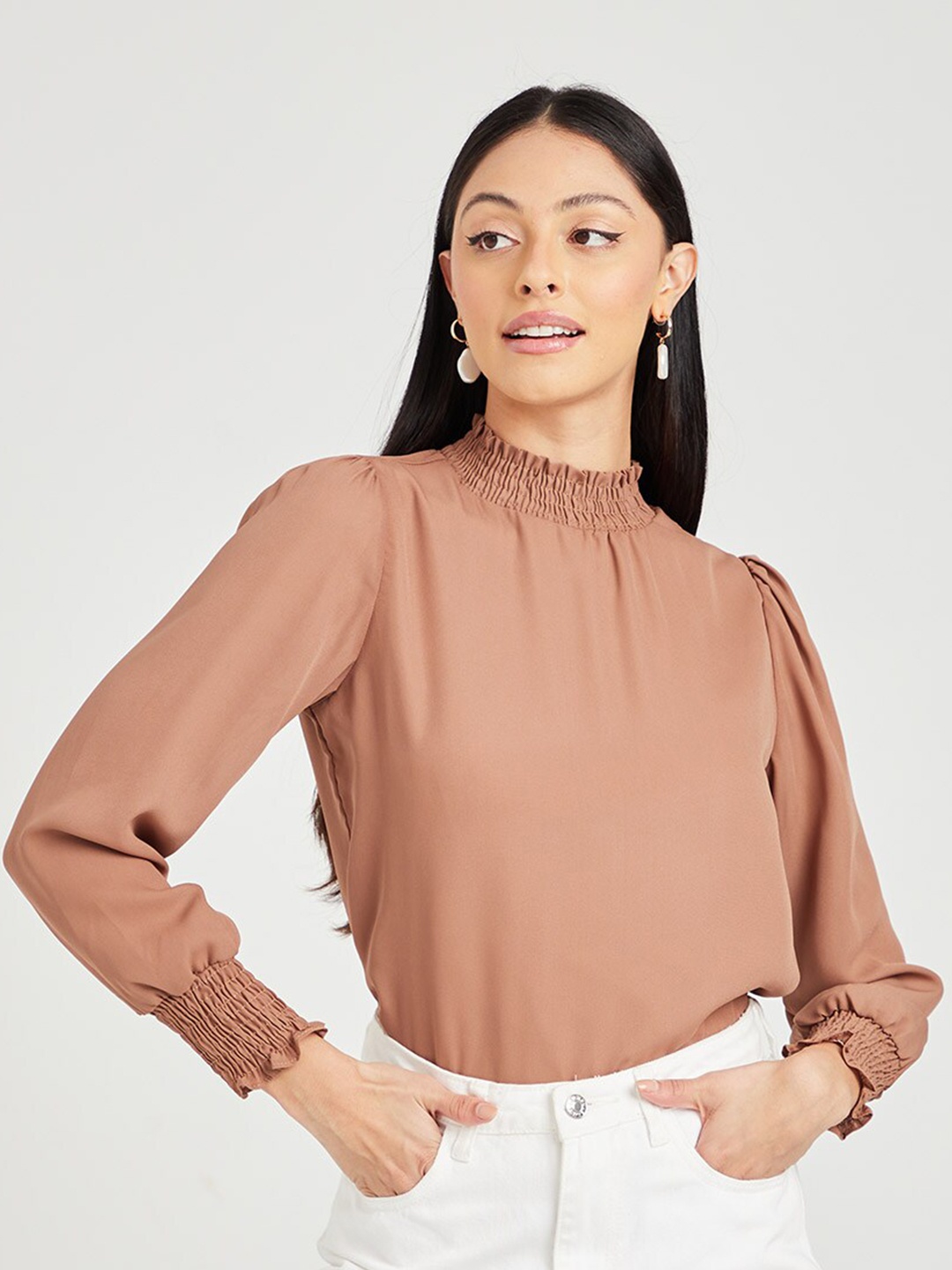 

Styli Khaki Long Sleeves High Neck Smocked Detail Top