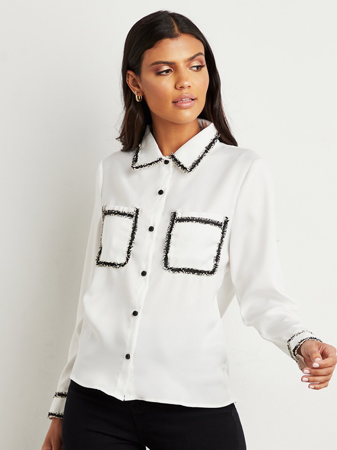 

Styli White Boucle Trim Pocket Detail Long Sleeves Shirt