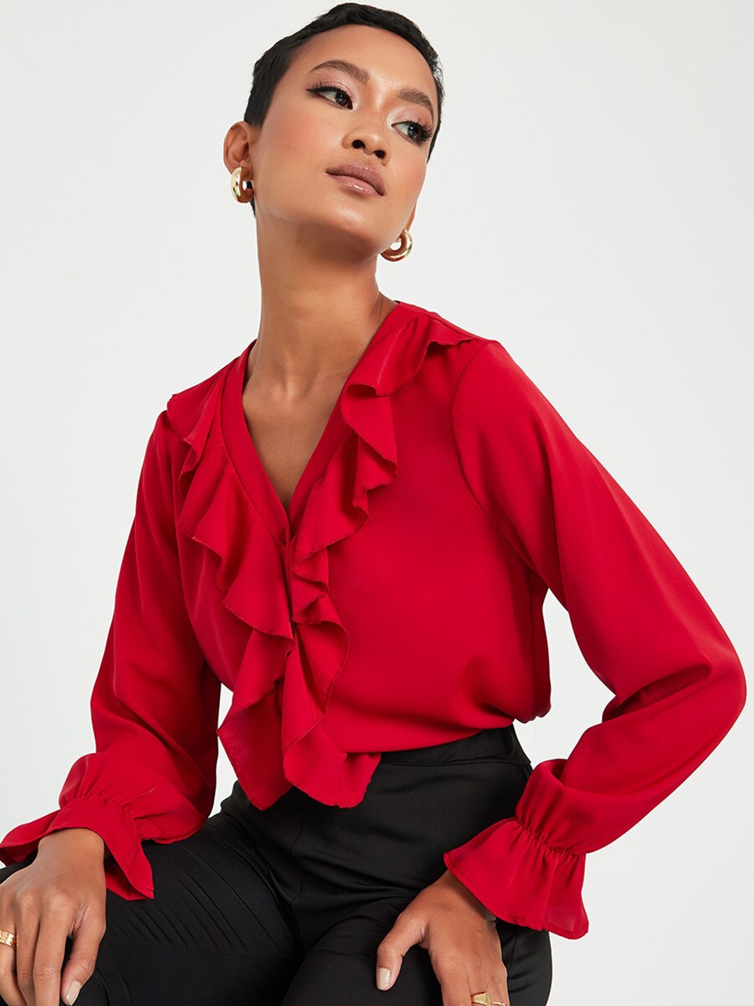 

Styli Women Red Frill V Neck Long Sleeves Blouse