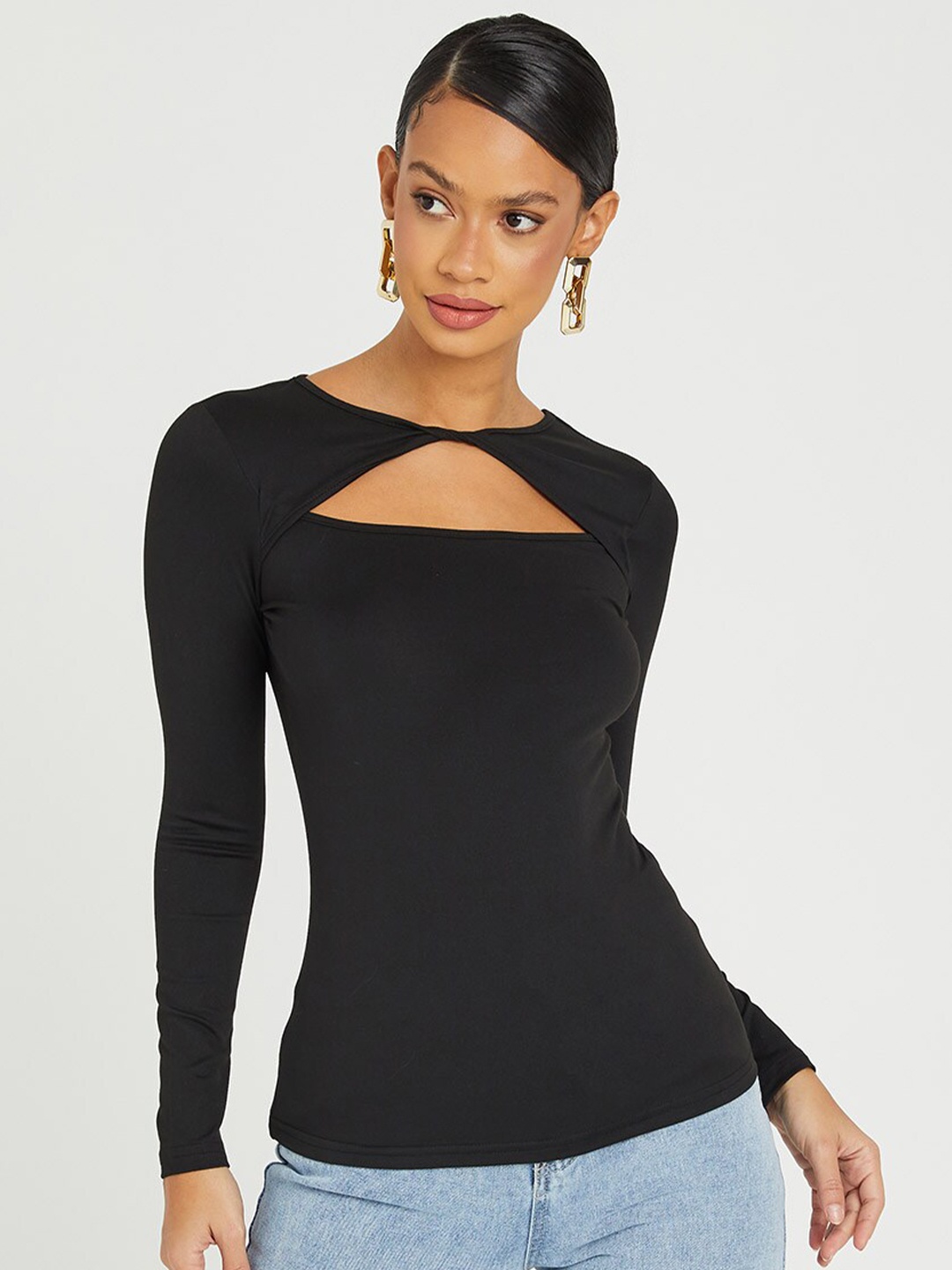 

Styli Black Long Sleeves High Neck Cut Out Detail Knit Top