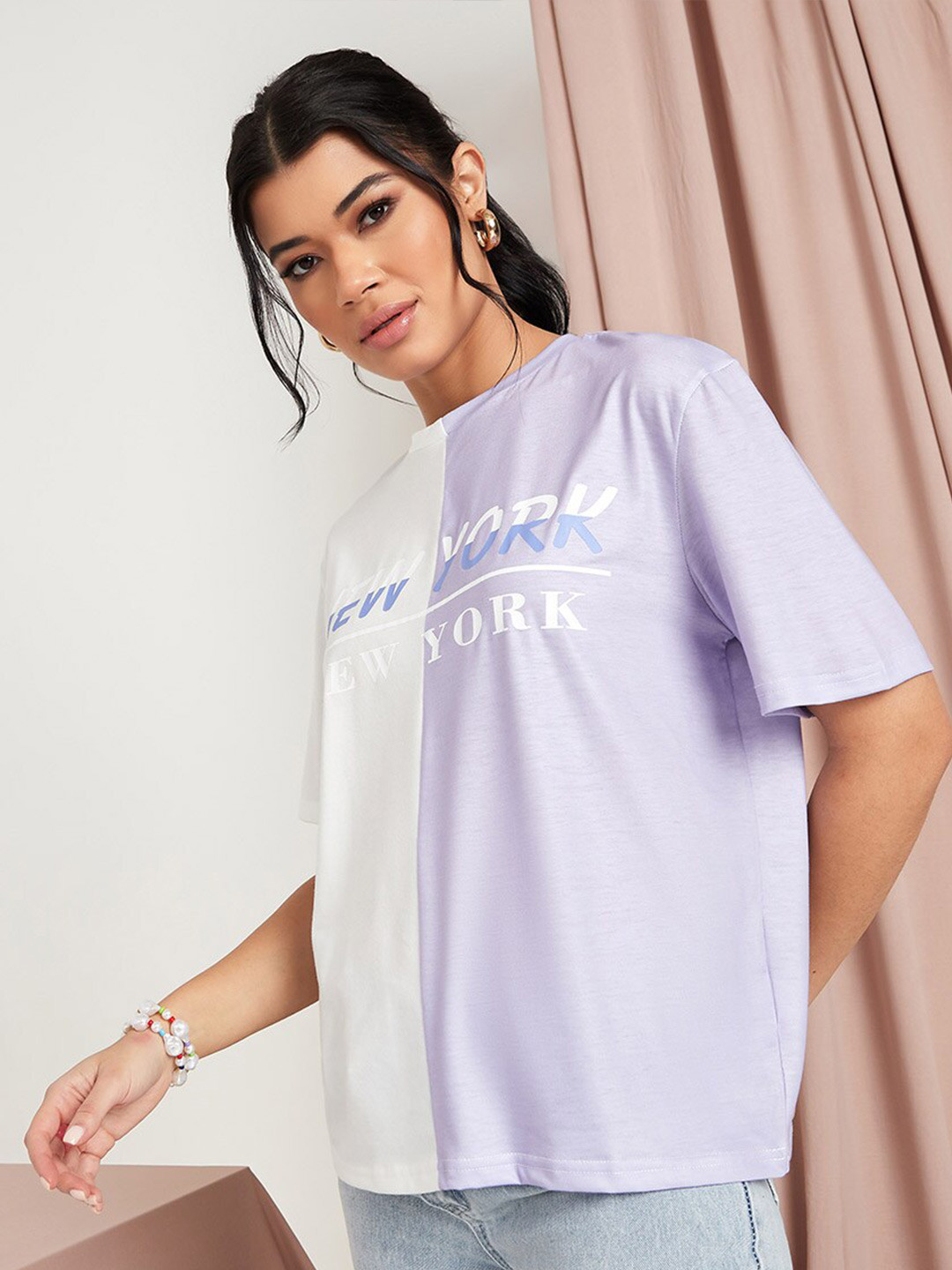 

Styli Lavender NY City Slogan Colourblocked Boxy T-shirt