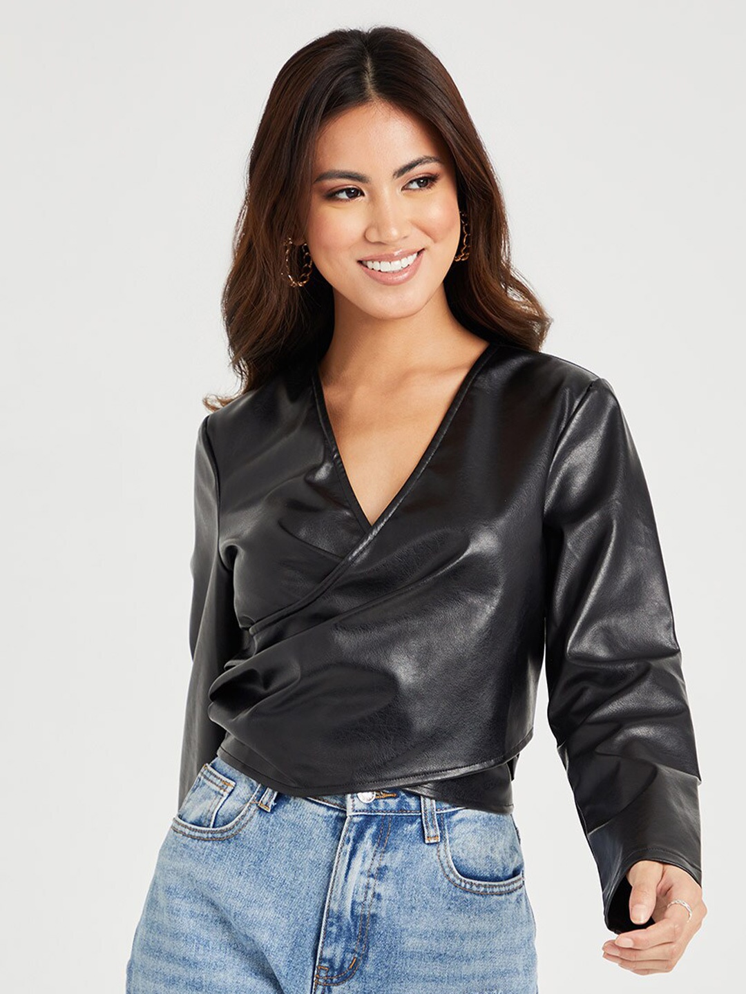 

Styli Black PU V-Neck Wrap Top