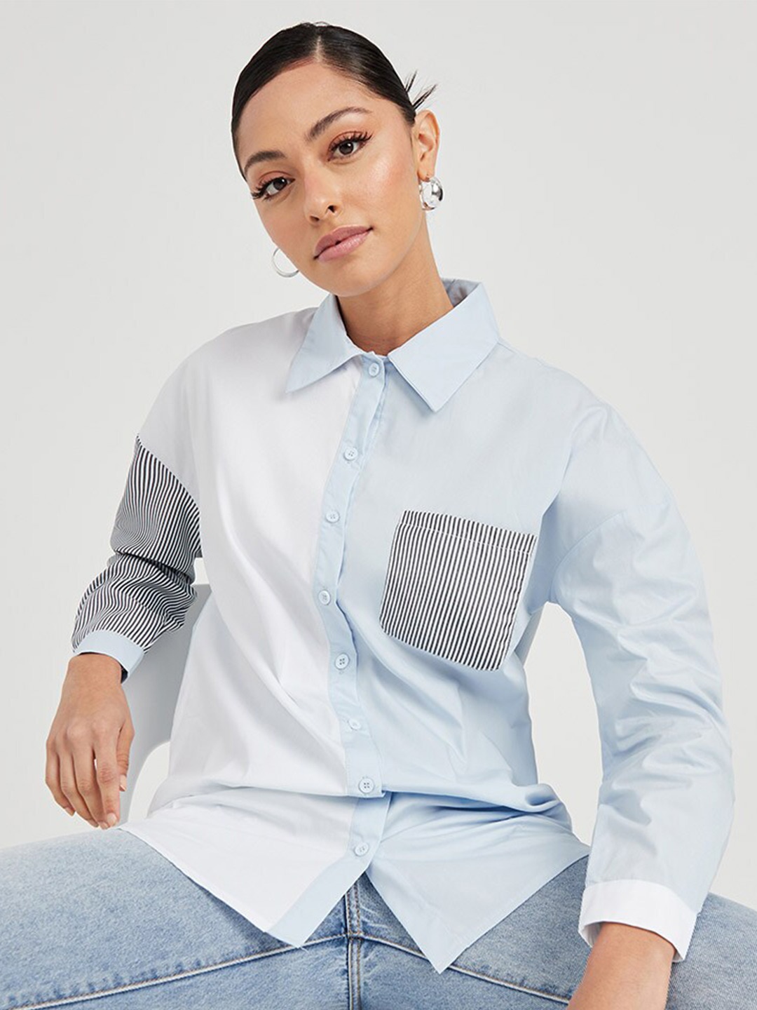 

Styli Blue Pinstriped Color Block Oversized Longline Shirt