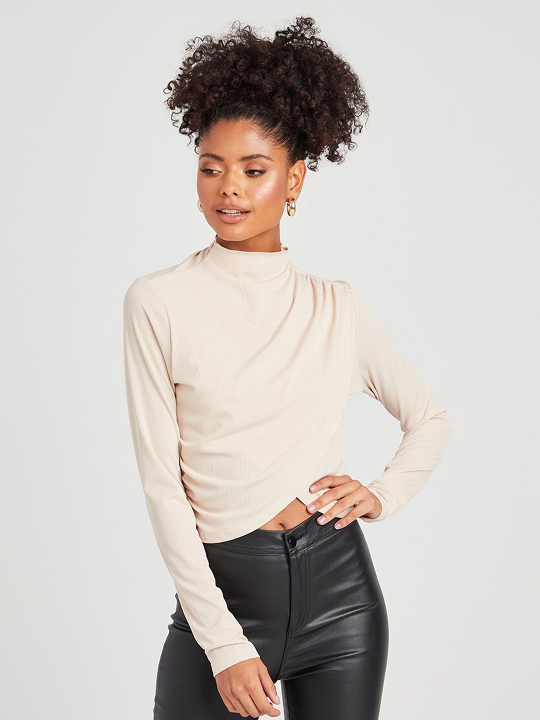 

Styli Beige High Neck Wrap Front Knit Crop Top