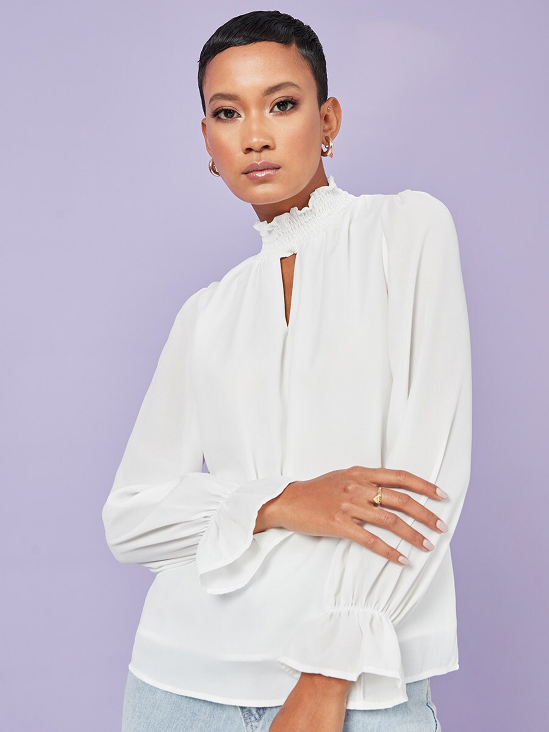 

Styli White Frill Cuff Sleeves High Neck Keyhole Detail Blouse