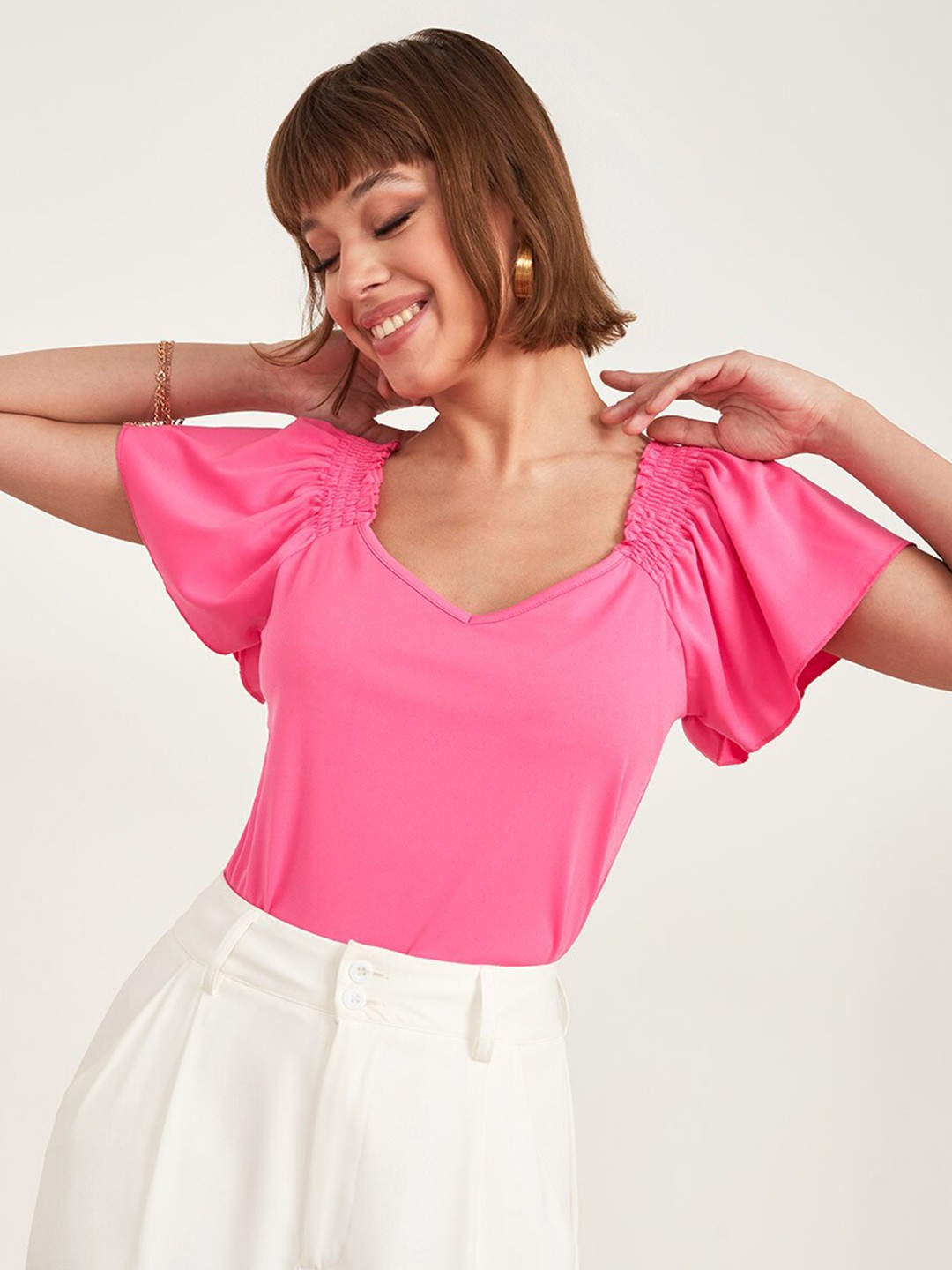 

Styli Women Pink Short Sleeves V Neck Smocked Detail Blouse
