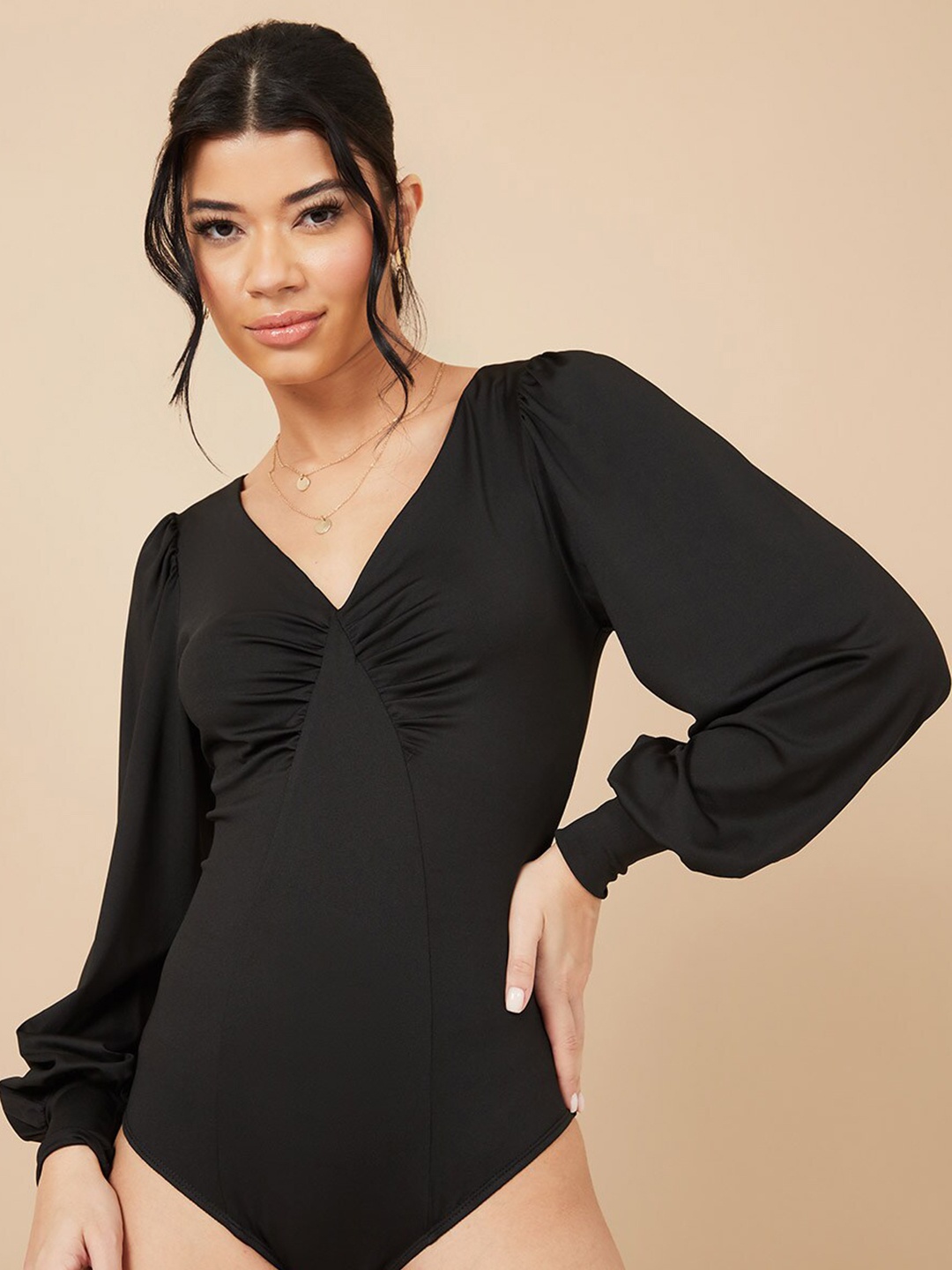

Styli Women Black V Neck Knitted Bodysuit