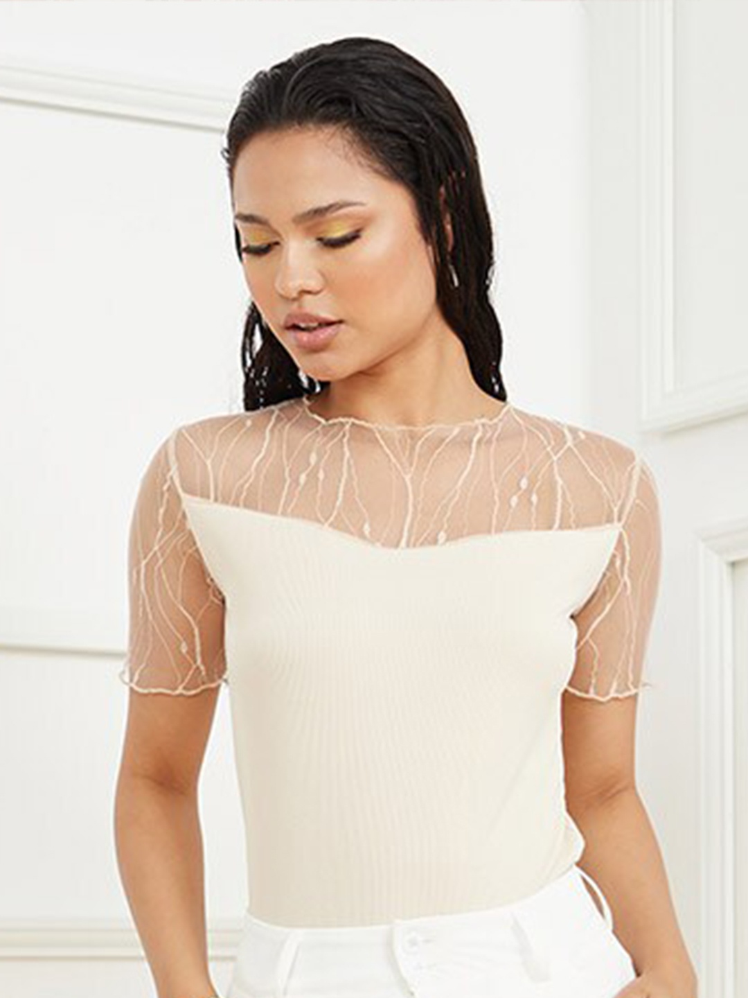 

Styli Cream-Coloured Short Sleeves Lace Insert Knitted Top