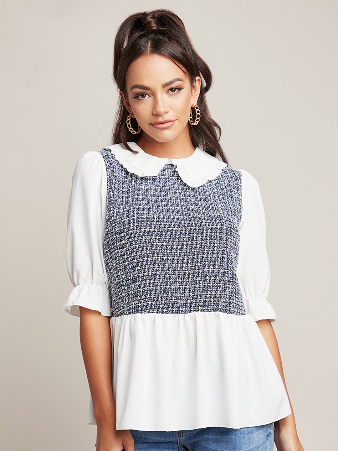 

Styli Blue Boucle Front Collared Top with Short Sleeves